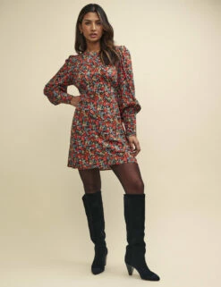 Red Floral Balloon Sleeve Maggie Mini Dress