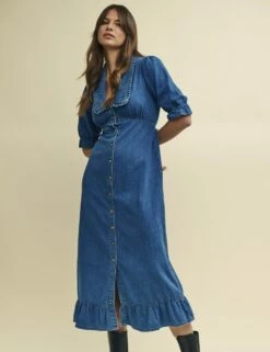 Blue Denim Annalise Collared Midaxi Dress -UK Clothing Sales d240128blu sd