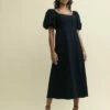 Black Linen-blend Puff Sleeve Henri Midi Dress -UK Clothing Sales d240234blk 0559 1