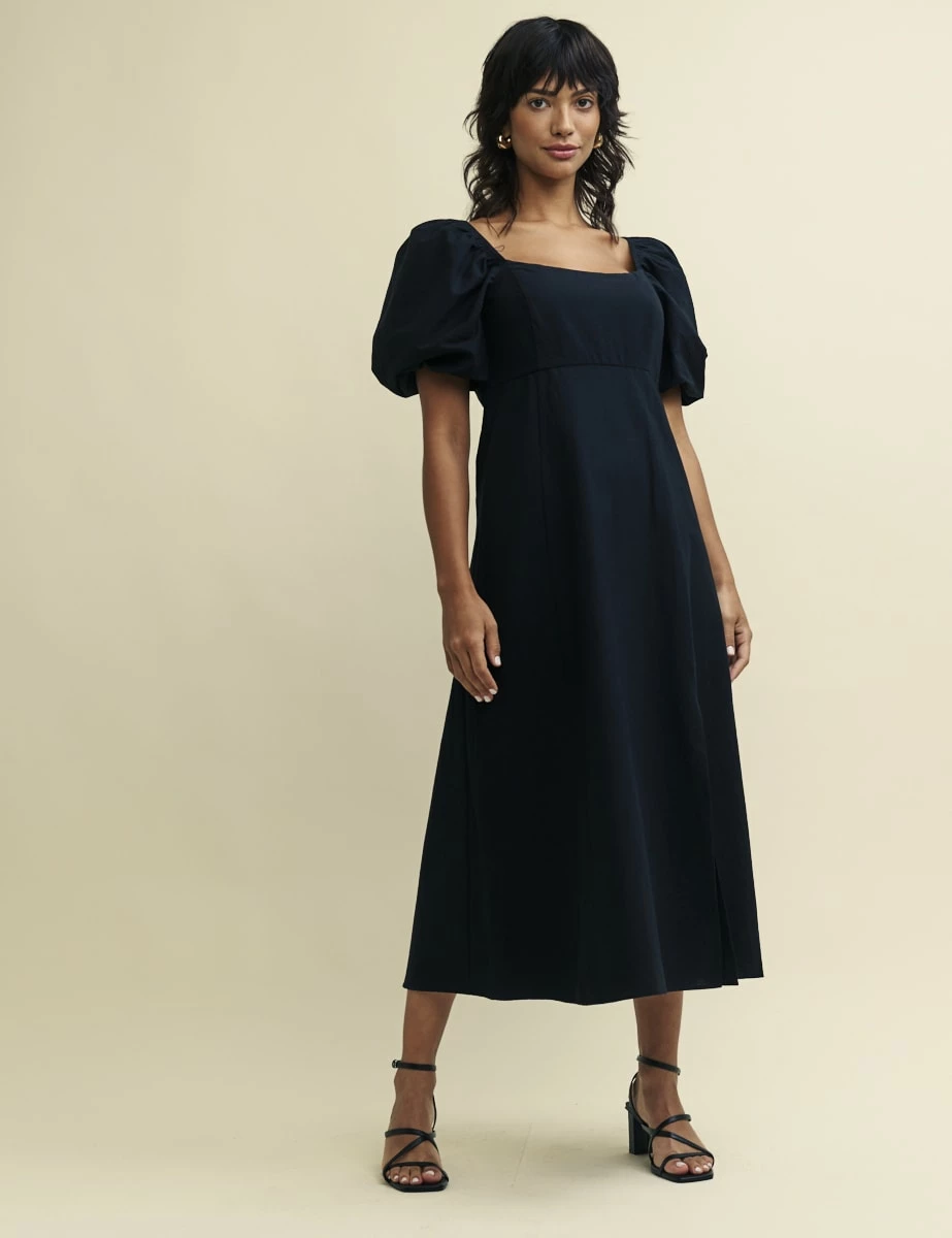 Black Linen-blend Puff Sleeve Henri Midi Dress 3 Black Linen-blend Puff Sleeve Henri Midi Dress