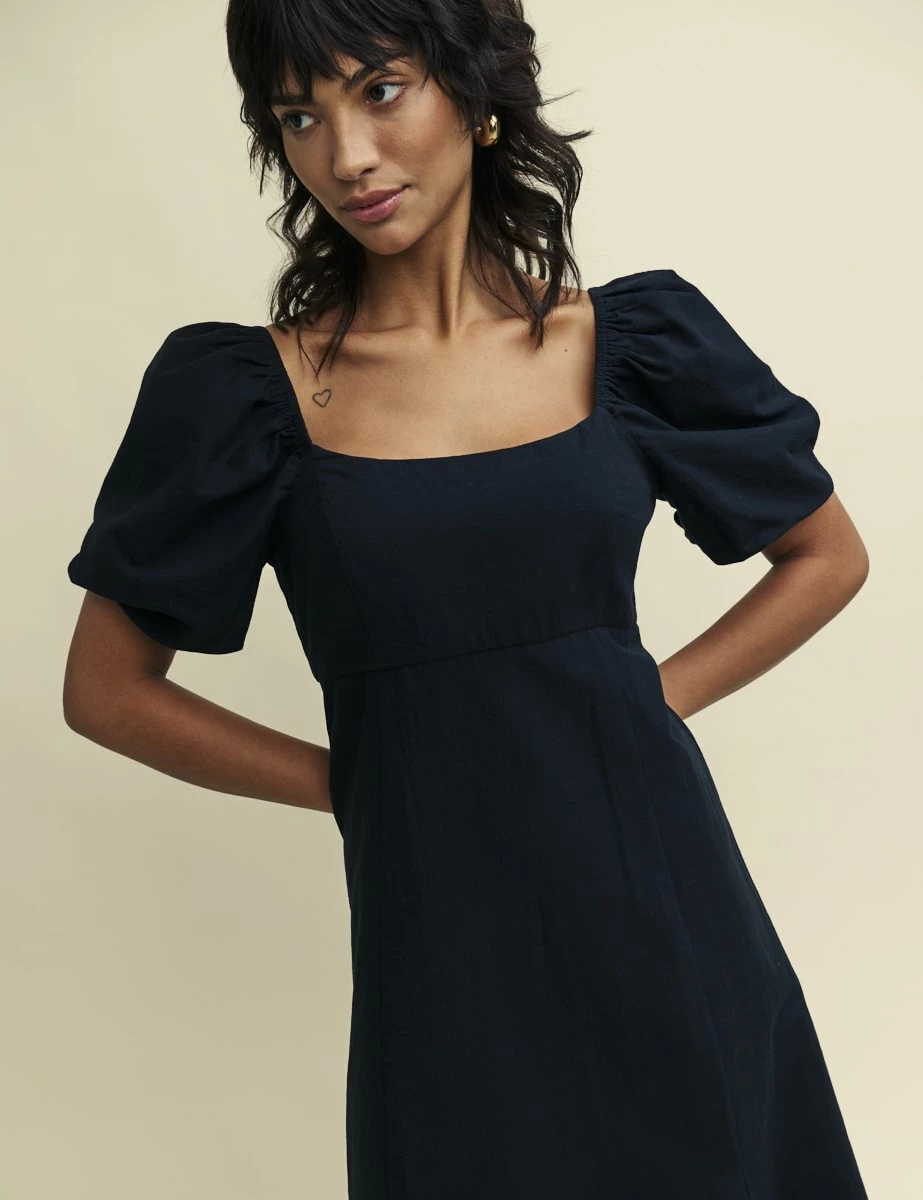 Black Linen-blend Puff Sleeve Henri Midi Dress 5 Black Linen-blend Puff Sleeve Henri Midi Dress - Image 3