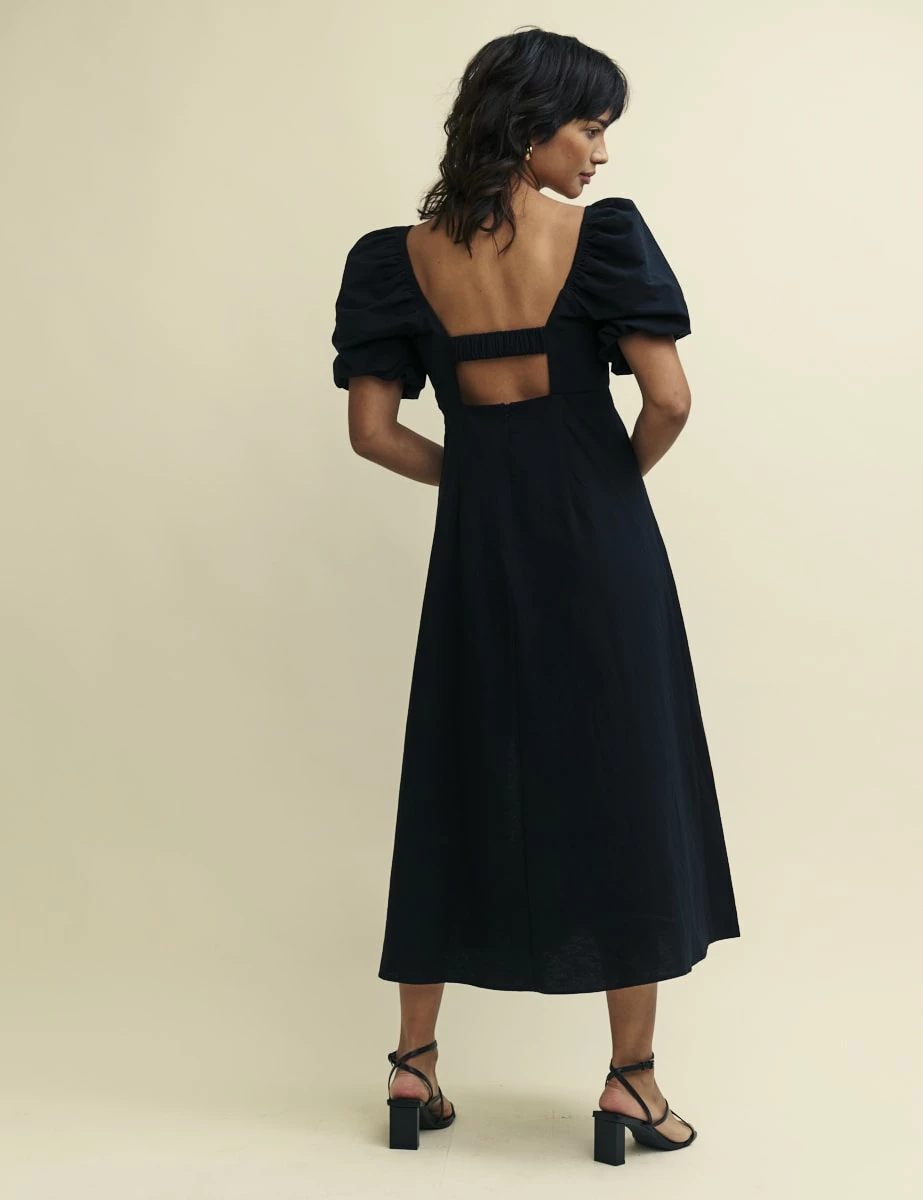 Black Linen-blend Puff Sleeve Henri Midi Dress 6 Black Linen-blend Puff Sleeve Henri Midi Dress - Image 4