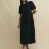 Black Puff Sleeve Magdalene Midi Dress -UK Clothing Sales d240278blk 0779