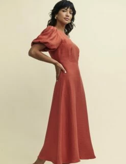 Terracotta Puff Sleeve Zora Midaxi Dress -UK Clothing Sales d240333red sd