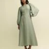 Sage Green Linen-blend Balloon Sleeve Zola Midaxi Dress 2 Sage Green Linen-blend Balloon Sleeve Zola Midaxi Dress -UK Clothing Sales d240334grn fr