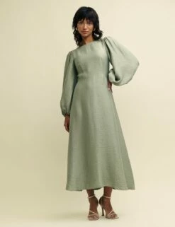 Sage Green Linen-blend Balloon Sleeve Zola Midaxi Dress