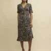 Brown Watercolour Print Alexa Midi Tea Dress -UK Clothing Sales d240686mlt 0290 1
