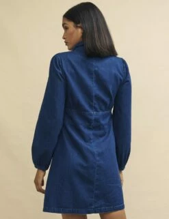Dark Denim Daisy Collared Long Sleeve Mini Dress -UK Clothing Sales d240691blu bk