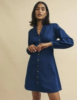 Dark Denim Daisy Collared Long Sleeve Mini Dress -UK Clothing Sales d240691blu sd