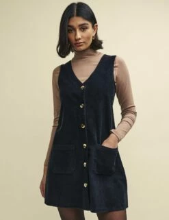 Black Cord Claudette Pinny Mini Dress -UK Clothing Sales d241104blk sd