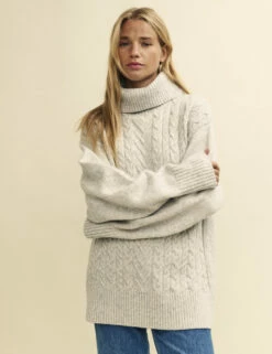 Light Grey Cable Knit Roll Neck Oversized Jumper -UK Clothing Sales k231330gry 0522