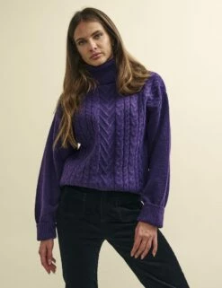 Purple Cable Knit Roll Neck Oversized Jumper