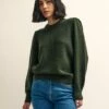 Khaki Green Chunky Trim Crew Neck Knitted Jumper -UK Clothing Sales k231333grn front