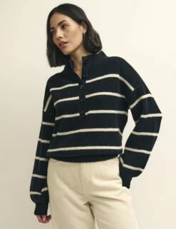 Black Stripe Knitted Half Button Funnel Neck Jumper
