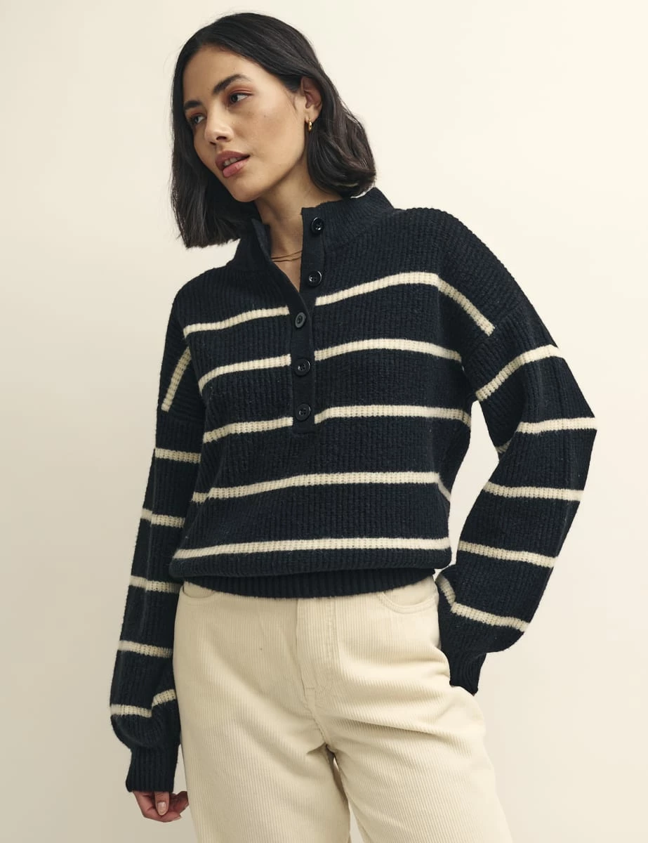 Black Stripe Knitted Half Button Funnel Neck Jumper 3 Black Stripe Knitted Half Button Funnel Neck Jumper