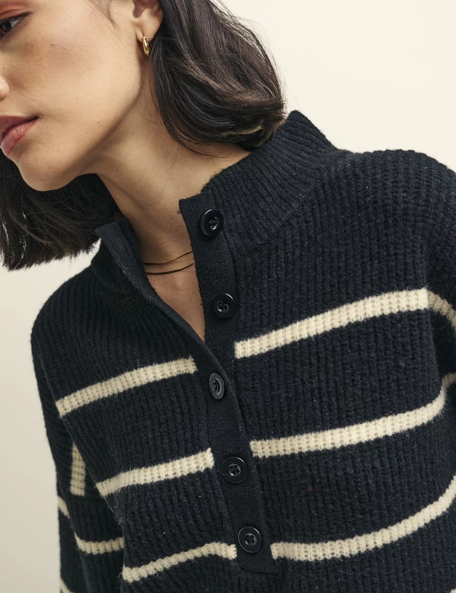 Black Stripe Knitted Half Button Funnel Neck Jumper 4 Black Stripe Knitted Half Button Funnel Neck Jumper - Image 2