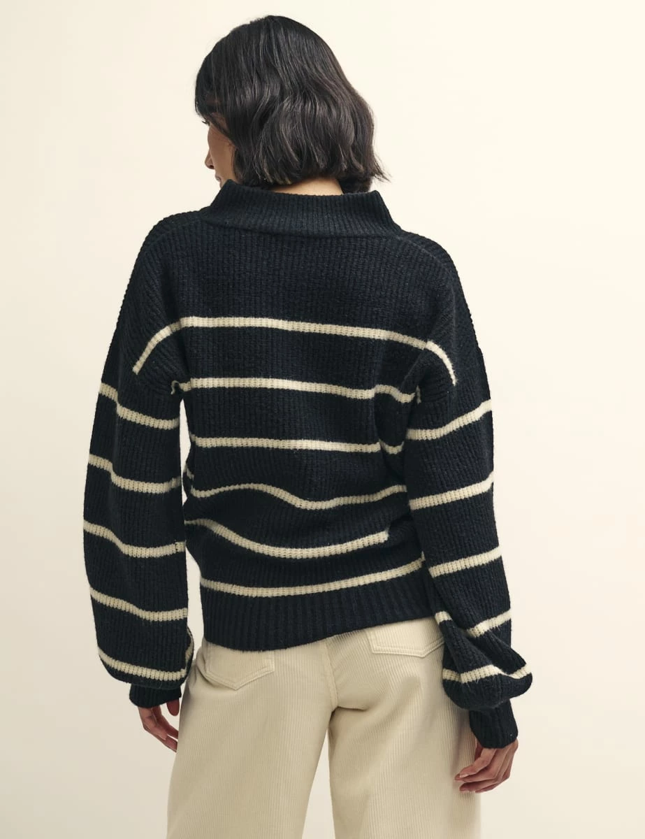 Black Stripe Knitted Half Button Funnel Neck Jumper 6 Black Stripe Knitted Half Button Funnel Neck Jumper - Image 4