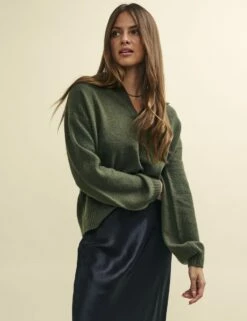 Khaki Green Open Collar Knitted Jumper -UK Clothing Sales k231348grn 0595