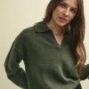 Khaki Green Open Collar Knitted Jumper -UK Clothing Sales k231348grn 0601 1