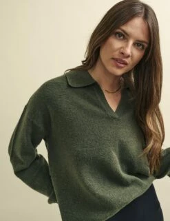 Khaki Green Open Collar Knitted Jumper