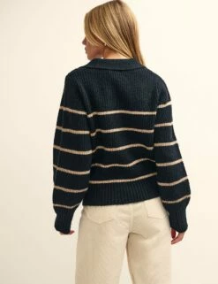 Black And Camel Stripe Open Collar Chunky Knitted Jumper -UK Clothing Sales k231352mlt bk
