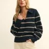 Black And Camel Stripe Open Collar Chunky Knitted Jumper -UK Clothing Sales k231352mlt sm