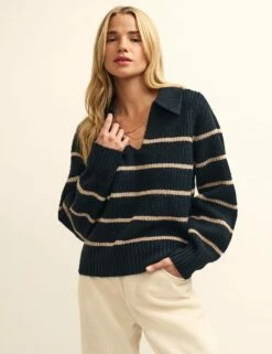 Black And Camel Stripe Open Collar Chunky Knitted Jumper