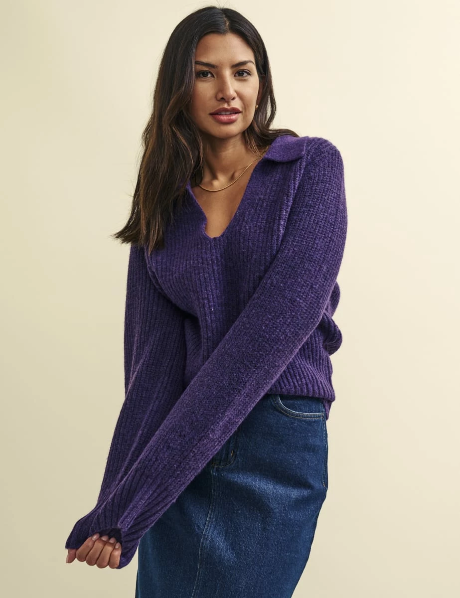 Purple Open Collar Chunky Knitted Jumper 5 Purple Open Collar Chunky Knitted Jumper - Image 3
