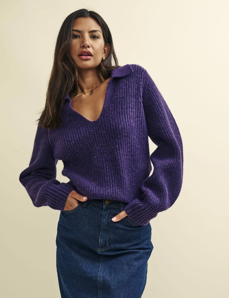 Purple Open Collar Chunky Knitted Jumper 3 Purple Open Collar Chunky Knitted Jumper