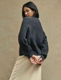 Grey Rib Knit V-Neck Button-Up Cardigan -UK Clothing Sales k231358gry bk