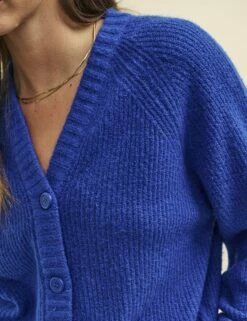 Blue Rib Knit V-Neck Button-Up Cardigan -UK Clothing Sales k231360blu 0956