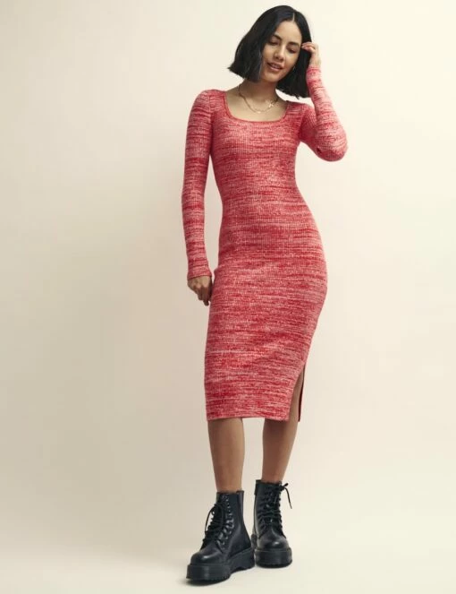 Pink And White Square Neck Knitted Midi Dress 4 Pink And White Square Neck Knitted Midi Dress -UK Clothing Sales k231384pnk 0221 1