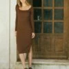 Brown Square Neck Knitted Midi Dress -UK Clothing Sales k231386brn 1
