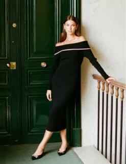 Black Bardot Knitted Midi Dress