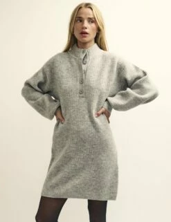 Grey Button-Up Funnel Neck Knitted Mini Dress -UK Clothing Sales k231402gry 1033