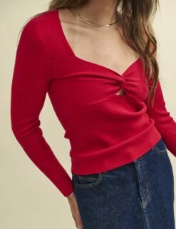 Red Sweetheart Twist Front Knitted Top -UK Clothing Sales k231404red 0569