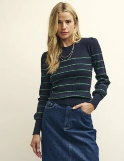 Navy And Green Rib Long Sleeve Knitted Top