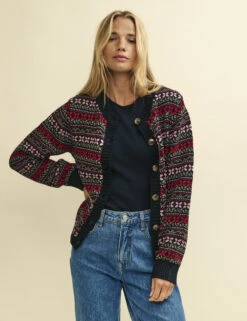 Pink And Red Jacquard Knitted Cardigan