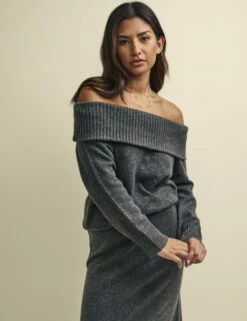 Grey Knitted Bardot Jumper
