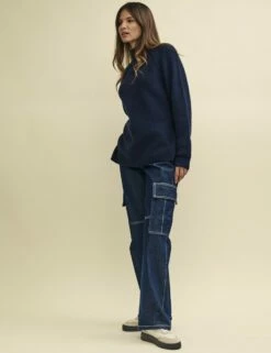 Navy Funnel Neck Longline Knitted Jumper -UK Clothing Sales k240024blu sd