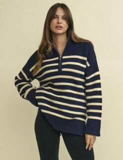 Navy Striped Half Zip Knitted Jumper