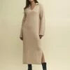 Beige Open Collar Knitted Jumper Midi Dress -UK Clothing Sales k240032bge sm