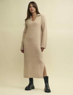 Front Page 46 Beige Open Collar Knitted Jumper Midi Dress