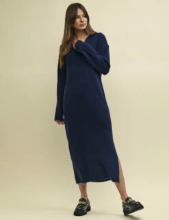 Navy Open Collar Knitted Jumper Midi Dress -UK Clothing Sales k240033blu sd