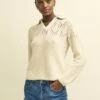 Cream Open Collar Mock-Crochet Jumper -UK Clothing Sales k240036crm sm