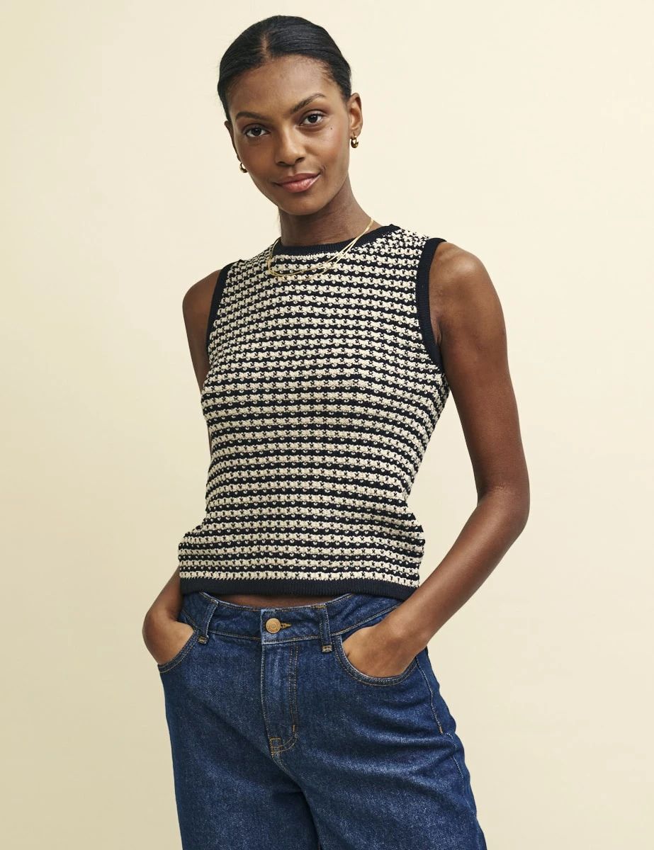 Black Stripe Mock-Crochet Sleeveless Tank Top 3 Black Stripe Mock-Crochet Sleeveless Tank Top