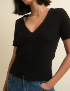 Black Short Sleeve Button Through Top -UK Clothing Sales t224381blk dt rs