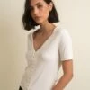 Cream Short Sleeve Button Through Top -UK Clothing Sales t230793crm fr rs