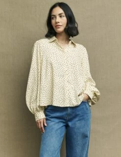 Cream Spot Print Button Down Shirt