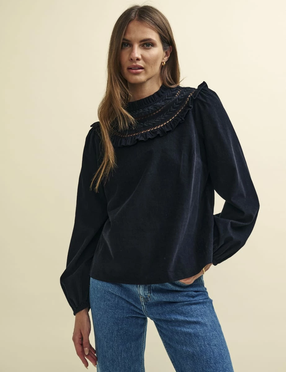 Black Cord Embroidered Frill Collar Blouse 3 Black Cord Embroidered Frill Collar Blouse